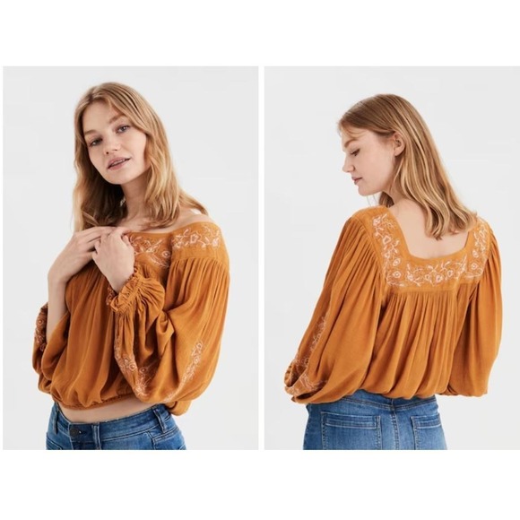 American Eagle Outfitters Tops - AMERICAN EAGLE Yellow Peasant Top Small Cropped Embroidered Square Neck Boho‎